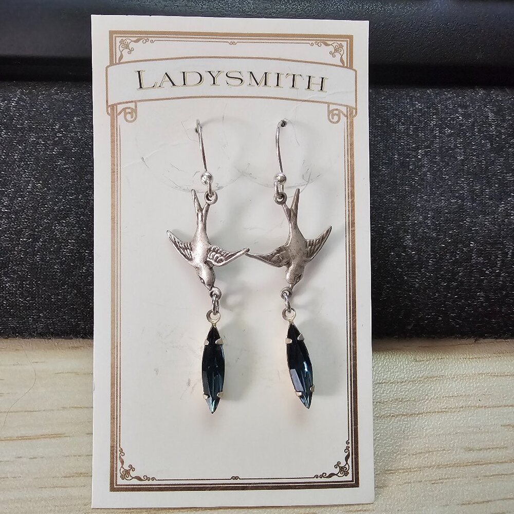 Ladysmith Silver Tone Swallow Bird Dangle Earrings with Blue Faceted Gem Accents